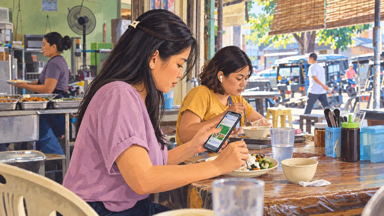 Editorial illustration of a customer exploring a shop on her phone at a café.
