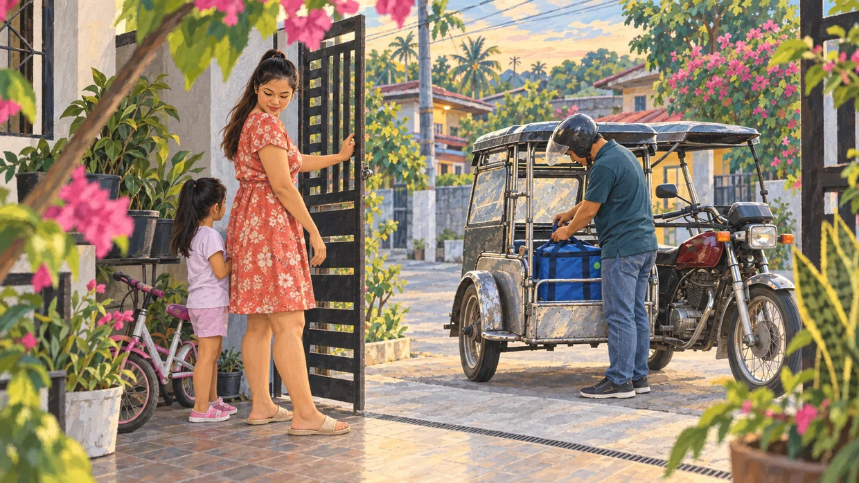 Editorial illustration of a mother and child receiving a delivery at home. Hand-offs are arranged by the reseller, not SaDuol.