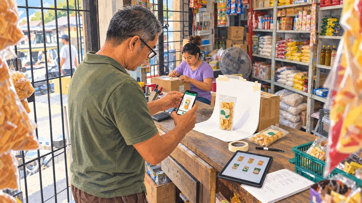 Editorial illustration of a supplier photographing a product with a phone for an online catalogue.