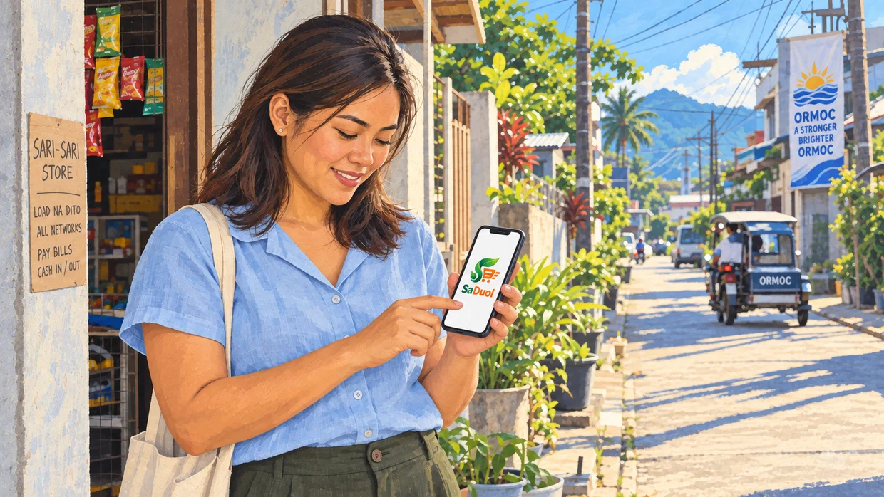Editorial illustration of a woman presenting SaDuol on her phone outside a neighbourhood shop.