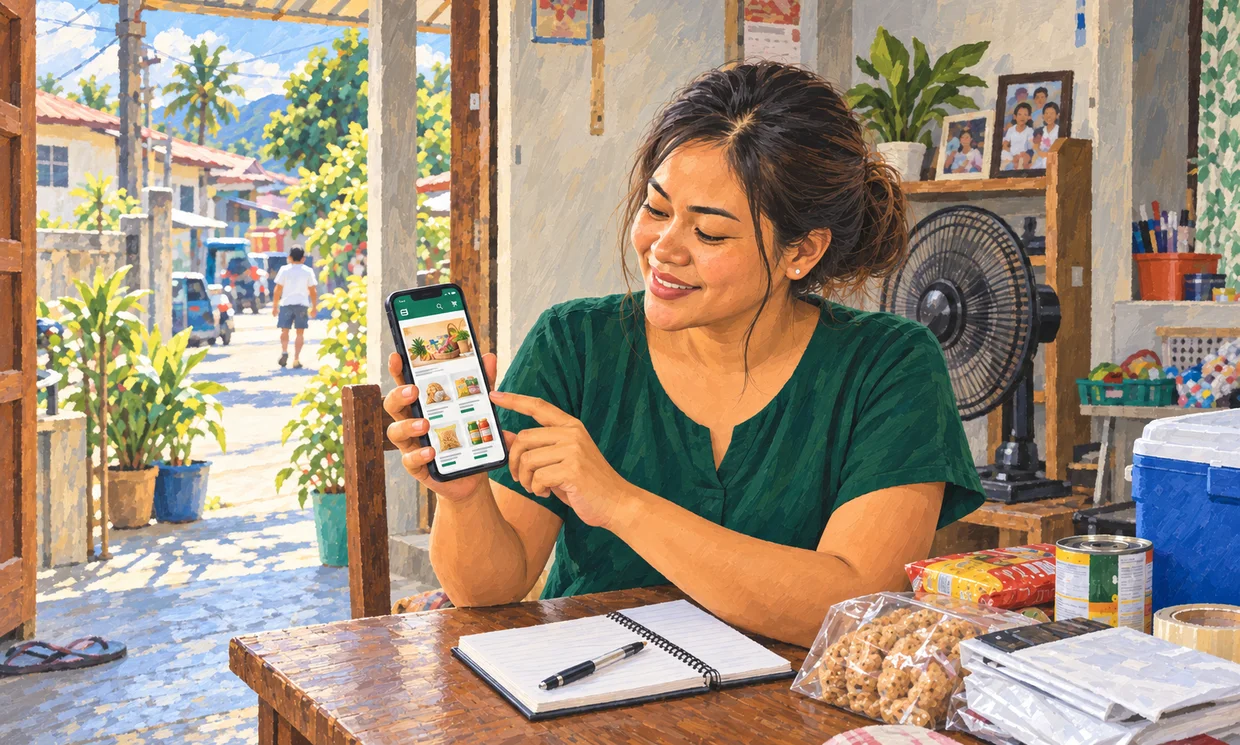 Editorial illustration of a reseller showing her online shop on a phone.